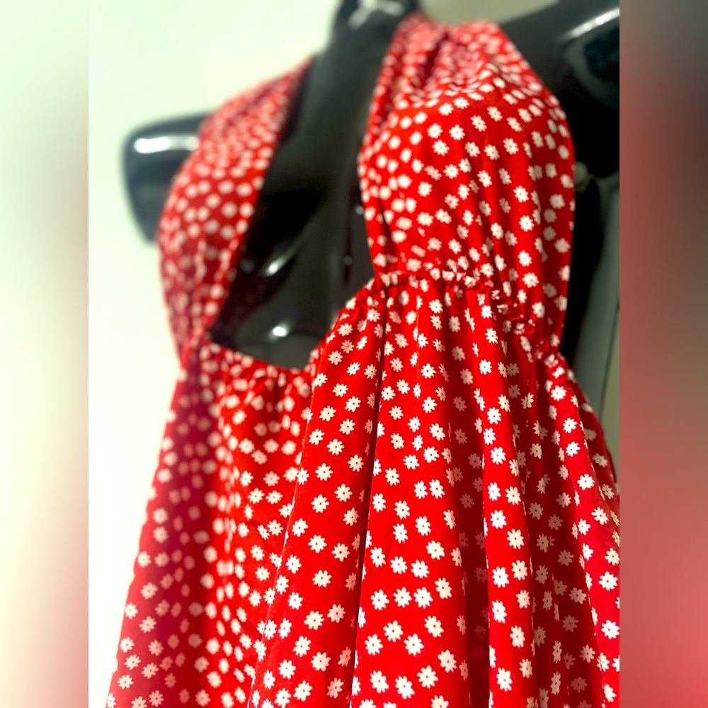 Red Halter sun dress, floral print, 100% cotton, free size M-L